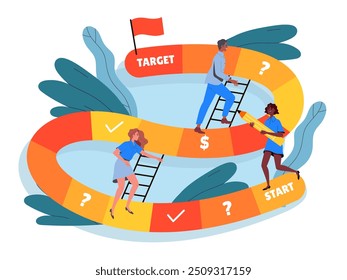 People go to goal. Motivation and aspiration. Hardworking employees and worker with path to success. Teamwork and collaboration. Flat vector illustration isolated on white background