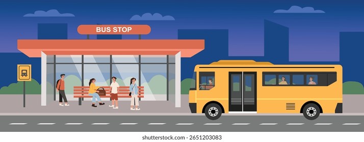 People go home by bus. Bus at shelter pick up passenger. Bus stop.