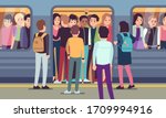 People go into subway train. Public urban transportation, metro platform, passengers trying to enter underground wagon vector overcrowded transport concept