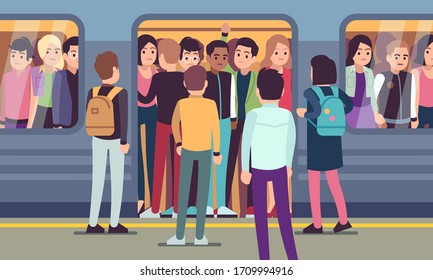 People go into subway train. Public urban transportation, metro platform, passengers trying to enter underground wagon vector overcrowded transport concept