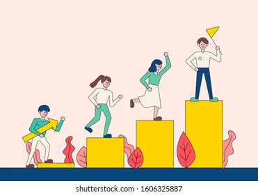 People go up in the limit toward the goal.Illustration set of Man and Woman celebrating victory, achieving reward, prize. Business leader characters. 
