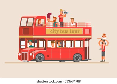 People go on the red tourist bus and take pictures of landmarks. 3d vector illustration.