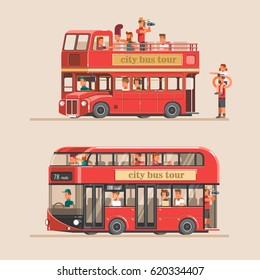 People go on the red tourist bus and take pictures of landmarks. 3d vector illustration.