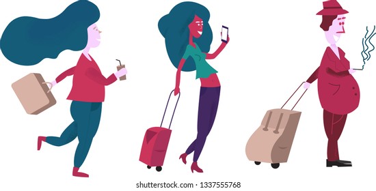 People go on vacation. Flat style vector illustration. Girls and men go on vacation