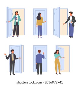 People go in and out door set. Office workers come to work hr manager invites candidate for interview near open door business woman with folder in hands walks into meeting. Cartoon vector.