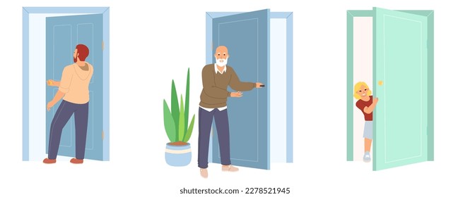 People go in and out door vector scene set. Little girl child, young guy and elderly man inviting guest at home illustration. Characters and doorway concept