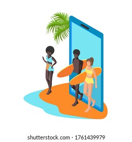 People go out of the tablet to the beach. people isometric. Online tickets and trips. Summer vacation by the sea. Vector isometric illustration.
