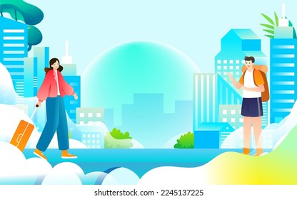 People go out for travel in spring, city buildings and transport in the background, vector illustration