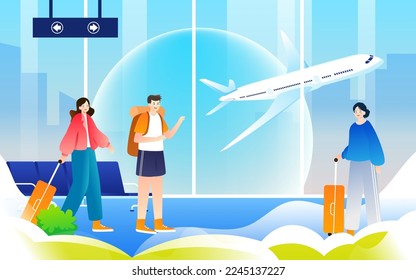 People go out for travel in spring, city buildings and transport in the background, vector illustration