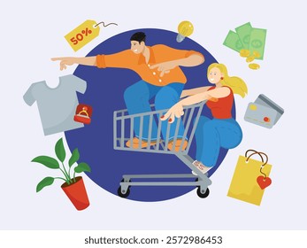 people go shopping with a grocery basket, buy things with money and using a bank card, household items, discounts and savings
