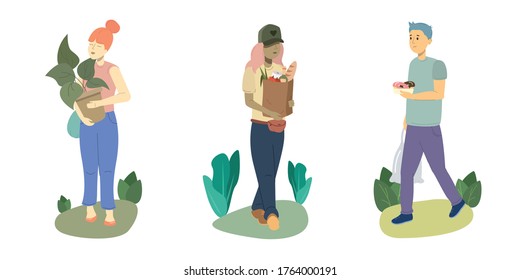 People go shopping from the grocery store set. Women and man with grocery bags and plant in pot. Vector flat illustration on white background. 