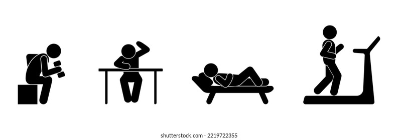 people go in for sports and rest, stick figure icon man, stickman isolated set