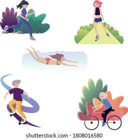 People go in for sports, run, swim, roller skate, bike, skateboard