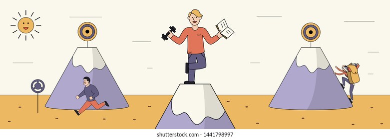 People go to their goal on a high mountain. Vector illustration.