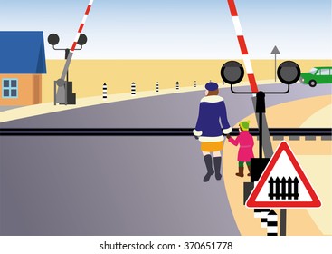 People go through the open regulated railway crossing.