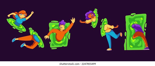 People go through portals or teleport. Concept of travel in time and space dimension, quantum leap with man and woman in abstract green frame, vector futuristic illustration in contemporary style