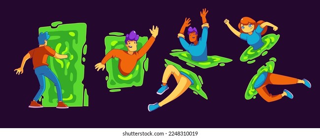 People go through portals or teleport. Concept of travel in time and space dimension, quantum leap with man and woman in abstract green frame, vector futuristic illustration in contemporary style