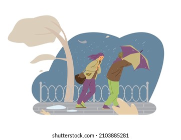 People go towards strong wind during storm, bad and cold weather - flat vector illustration on white background. Rain and hurricane in the city park.