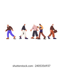 People go to work, carrying briefcase, hold folder. Office workers crowd walking, strolling sideview. Business employees communicate, converse. Flat isolated vector illustration on white background