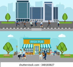 People go to work horizontal banner with business office building isolated vector illustration