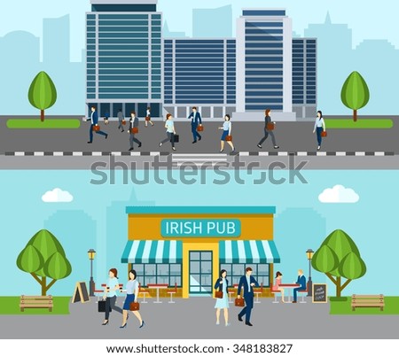People go to work horizontal banner with business office building isolated vector illustration