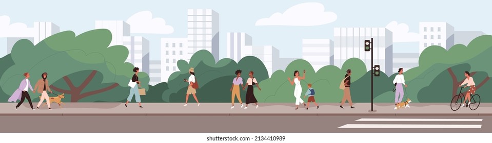 People going along city street. Urban panorama with pedestrians, cyclists, buildings, trees and road. Horizontal cityscape. Scene with citizens walking at sidewalks in town. Flat vector illustration