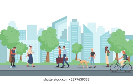 People going along city street. Men and women with suitcases and smartphones on background of urban architecture. City or town landscape, horizontal picture. Cartoon flat vector illustration