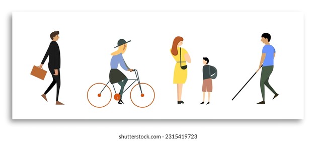 People going along city street. People in casual clothes walking along street. Man, blind boy, woman and her son walking and chatting against the city landacape and park. The girl rides a bicycle.