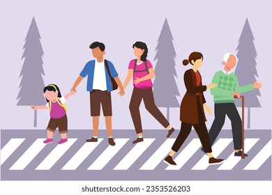 People going along city street. Urban panorama with pedestrians, cyclists, buildings, trees and road. Horizontal cityscape concept. Colored flat vector illustration isolated. 