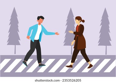 People going along city street. Urban panorama with pedestrians, cyclists, buildings, trees and road. Horizontal cityscape concept. Colored flat vector illustration isolated. 