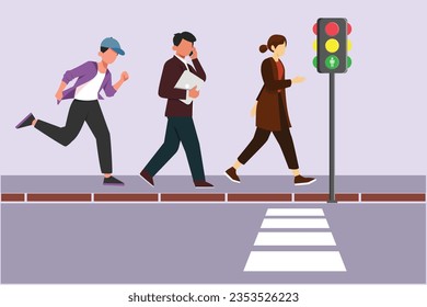 People going along city street. Urban panorama with pedestrians, cyclists, buildings, trees and road. Horizontal cityscape concept. Colored flat vector illustration isolated. 