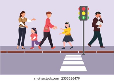 People going along city street. Urban panorama with pedestrians, cyclists, buildings, trees and road. Horizontal cityscape concept. Colored flat vector illustration isolated. 