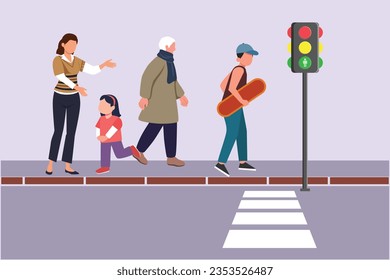 People going along city street. Urban panorama with pedestrians, cyclists, buildings, trees and road. Horizontal cityscape concept. Colored flat vector illustration isolated. 