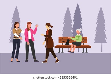 People going along city street. Urban panorama with pedestrians, cyclists, buildings, trees and road. Horizontal cityscape concept. Colored flat vector illustration isolated. 