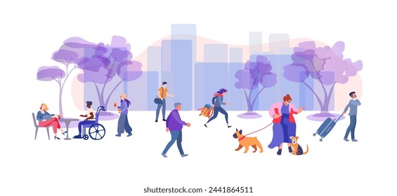 People going along city street withtrees. Big woman walks with a dogs. Urban panorama with pedestrians, buildings and road. Horizontal cityscape. Scene with citizens walking at sidewalks in town. Flat