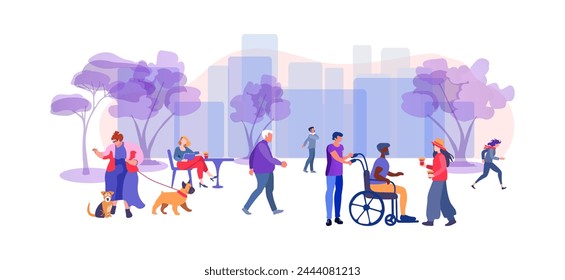 People going along city street with trees. Fashionable woman walks with a dogs. Urban panorama with buildings. The concept of inclusion of diverse people with disabilities in social life. Flat vector