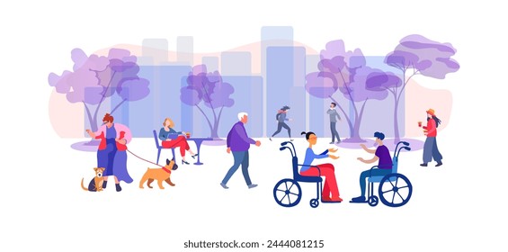 Personas a lo largo de la calle de la ciudad con árboles. Mujer de moda camina con un perro. Panorama Urbana con edificios. El concepto de inclusión de diversas personas con discapacidad en la vida social. Vector plano