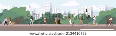 People going along city street. Urban panorama with pedestrians, cyclists, buildings, trees and road. Horizontal cityscape. Scene with citizens walking at sidewalks in town. Flat vector illustration