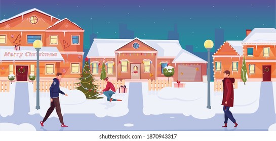 People going along street with houses decorated with christmas lights flat vector illustration