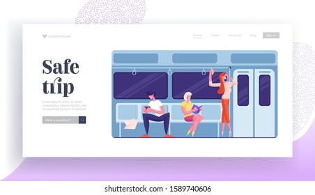 People Going by Subway Train at Work Website Landing Page. Passengers in Underground Using Public Transport Metro. Characters Underpass Transportation Web Page Banner. Cartoon Flat Vector Illustration