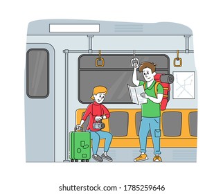People Going by Subway Train. Tourist Characters with Luggage and Map Inside of Underpass Transportation. Passengers in Underground Ride Urban Public Transport Metro. Linear People Vector Illustration