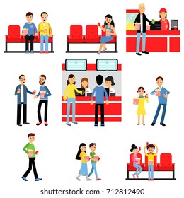 People Going To The Cinema Or Movie Theatre Set, Man And Woman Buying Tickets, Popcorn, Drinks Colorful Vector Illustrations