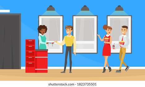 People Going To The Cinema With Popcorn, Visitors Buying Cinema Tickets At Service Ticket Counter Cartoon Vector Illustration