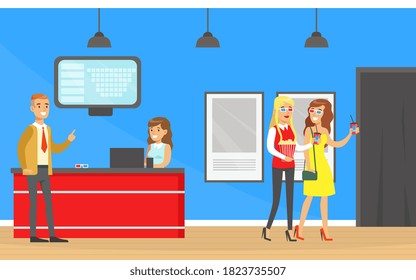 People Going To The Cinema, Visitors Buying Cinema Tickets At Service Ticket Counter Cartoon Vector Illustration