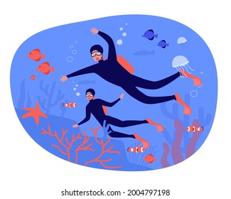 Gente haciendo buceo juntos con ilustración vectorial plana. Hombre y mujer explorando peces, algas, corales, medusas y todo el mundo submarino. Océano, naturaleza, viajes, extremos, natación, concepto animal