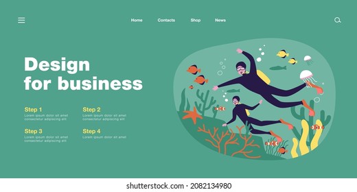 People going diving together flat vector illustration. Man and woman exploring fish, algae, corals, jellyfish and entire underwater world. Ocean, nature, travel, extreme, swimming, animal concept