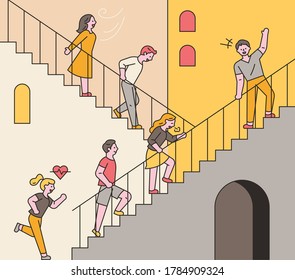 People are going up and down the stairs. Use stairs to help you save health and energy. flat design style minimal vector illustration.