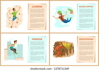 People going in for extreme sports vector, poster with text. Flat style extriming climbing, bungee jumping woman, parkour in city and speleotourism man in cave