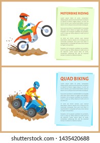 People going in for extreme sports vector, quad bike activity and motorbike riding set of posters with text. Motorcyclist wearing special helmet and costume