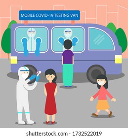 People Going To Getting Covid-19 Testing At Mobile Testing Van Service Vector.